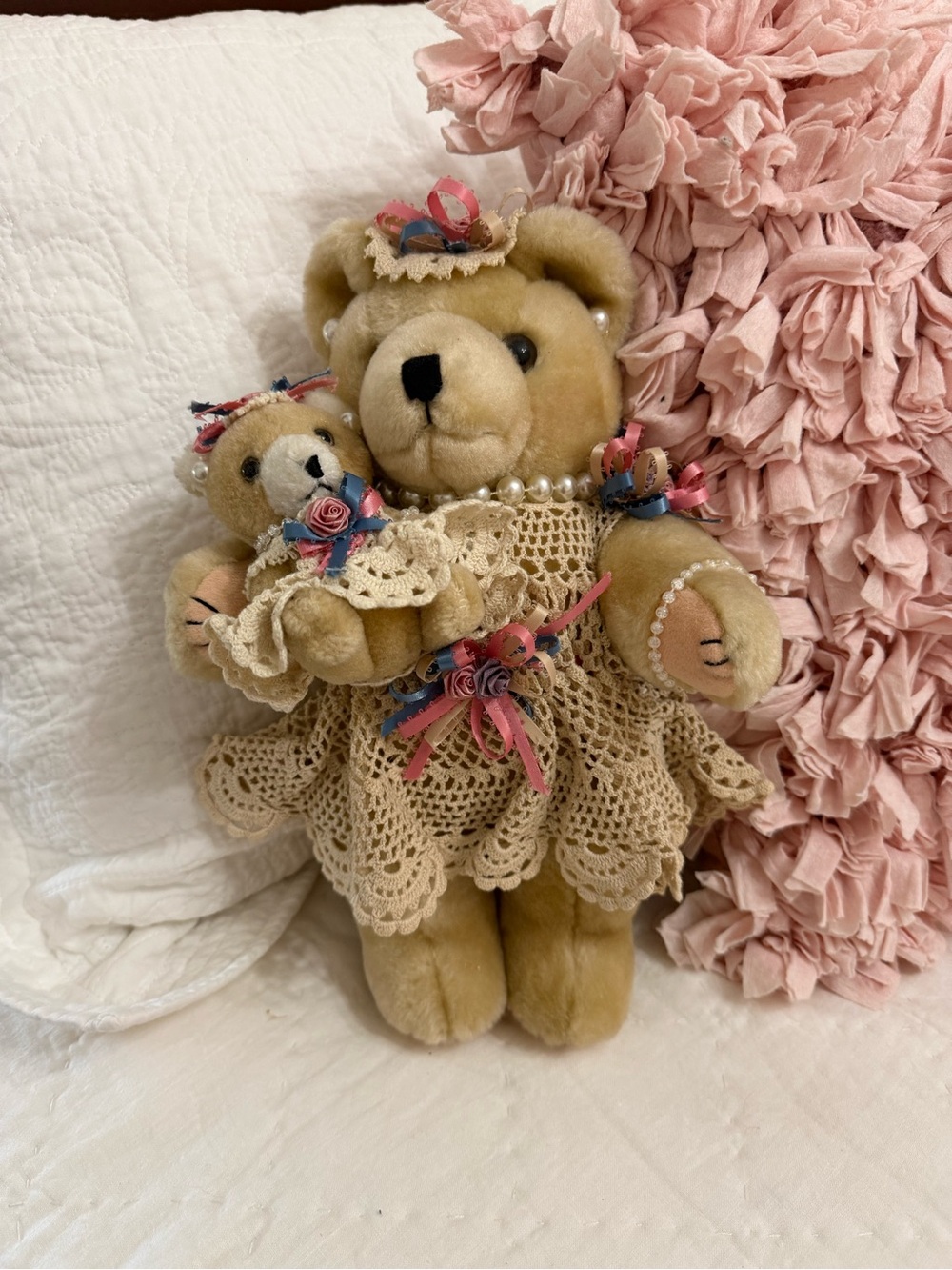 Vintage Teddy Bears - “Mama and Baby” - dressed in Vintage Doilies